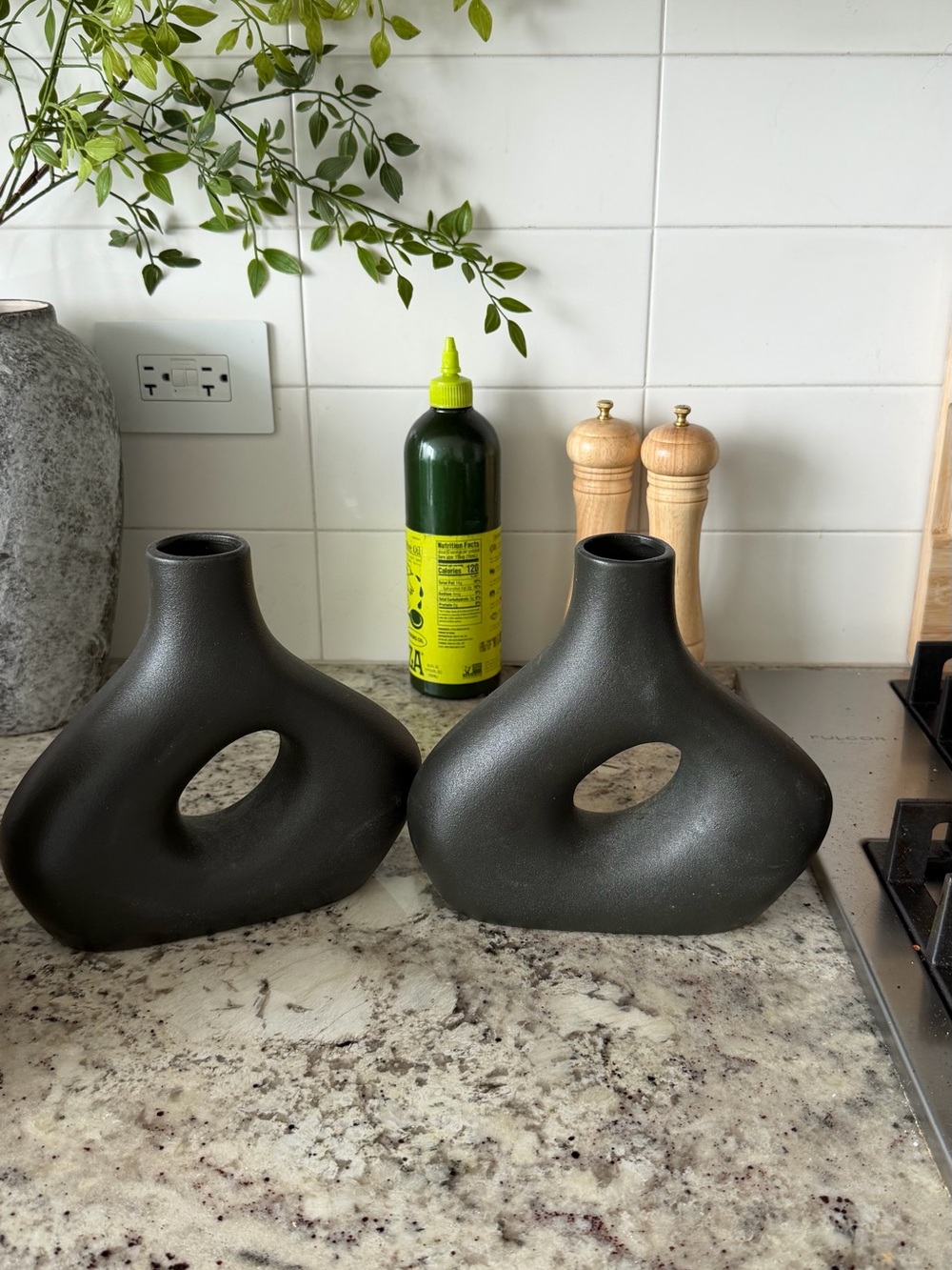 Modern Black Sculptural Ceramic Vase - Pair